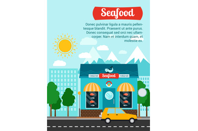 Seafood advertising banner with shop building