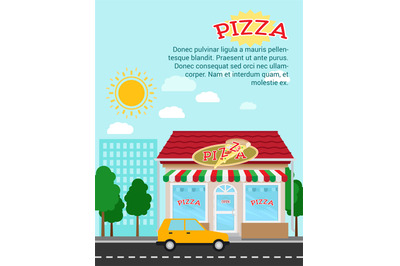 Pizza advertising banner with shop building