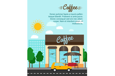 Coffee shop with city landscape banner