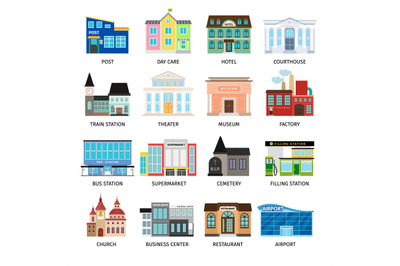 City buildings flat icons on white