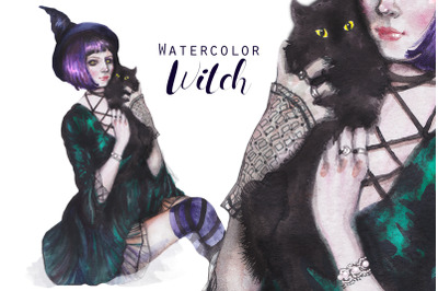 Watercolor witch with a cat, realistic, esoteric, magic portrait