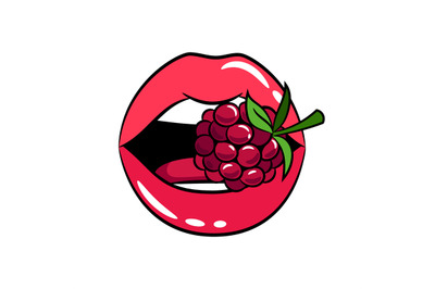 Glossy woman lips with raspberry sticker