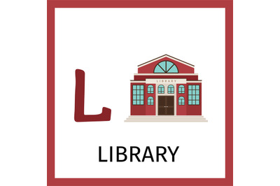 Alphabet card with library building