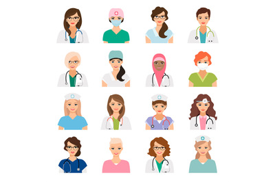 Female doctors and nurses avatars set