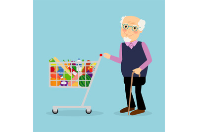 Grandfather with shopping cart with groceries