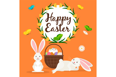 Happy easter rabbits and basket card