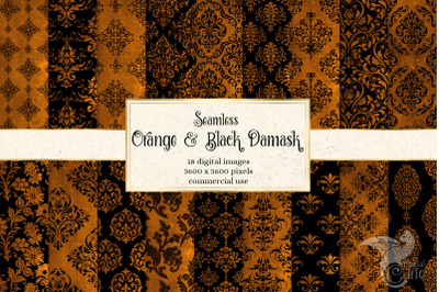 Orange and Black Damask Digital Paper