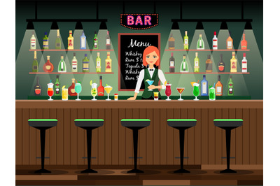 Bar counter with bartender lady