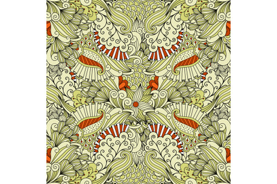 Beige and orange floral doodle pattern