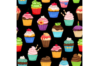 Sweet cupcakes pattern on black background