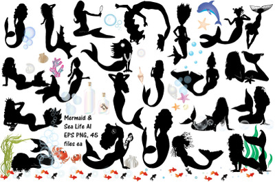 Mermaid Silhouettes  and Sea Life AI EPS PNG