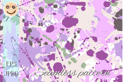 Lilac beige green ink paint splashes seamless pattern