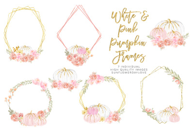 Watercolor Floral Frame Clipart&2C; White and Pink Pumpkins