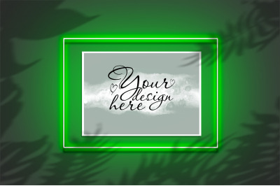 Mockup poster in a neon frame with a green glow