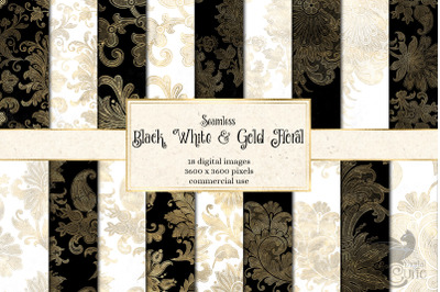 Black White and Gold Floral Digital Paper