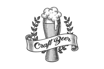 Craft Beer Emblem Drawn in Engraving Style.