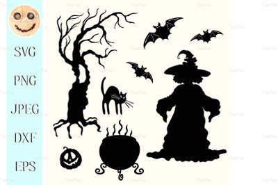 Witch, pumpkin lantern, tree, cat, cauldron and bat stencil&nbsp;