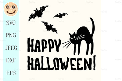 Happy Halloween title, cat and bat on the white&nbsp;