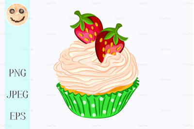 Cupcake with whipped cream and strawberry