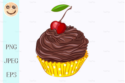 Cupcake with chocolate cream and cherry