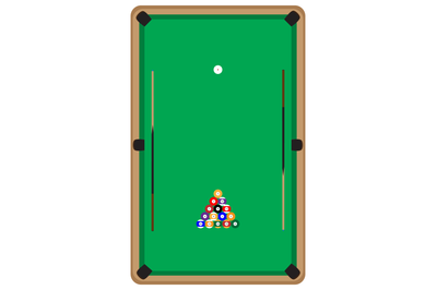 Pool table with balls and cue