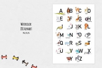 Watercolor Zoo Alphabet (PNG+JPEG+PSD)