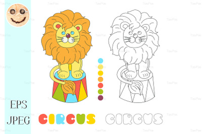 Funny lion sitting in a circus arena vector coloring book page