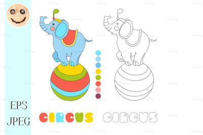 Circus elephant on the big ball vector coloring book page