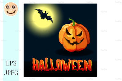 Cartoon Halloween title, full moon and spooky face pumpkin&nbsp;