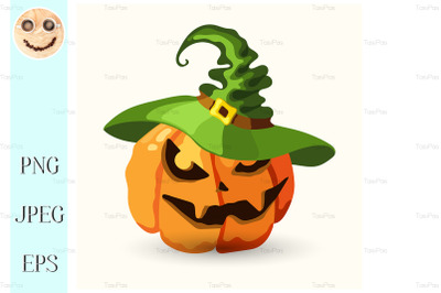Halloween pumpkin wearing green witch hat