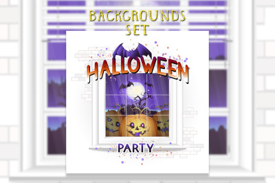 Vector set of  Halloween illustration with window and pumpkins