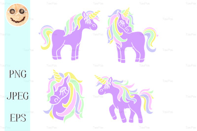 Purple unicorn set on the white background