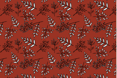 hand drawn autumn leaves pattern on a terracotta backgr