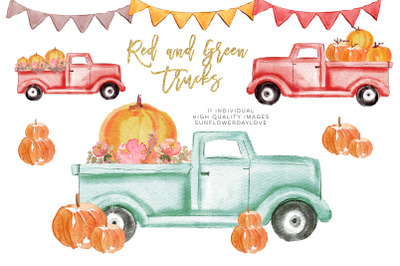 Pumpkin truck clipart&2C; Watercolor Red Truck Pumpkins