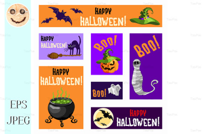 Halloween banners set with pumpkin lantern, mummy, witch hat