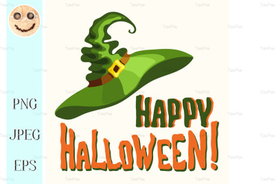 Happy Halloween title and green witch hat