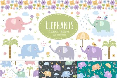 Elephants: seamless patterns &amp; clipart