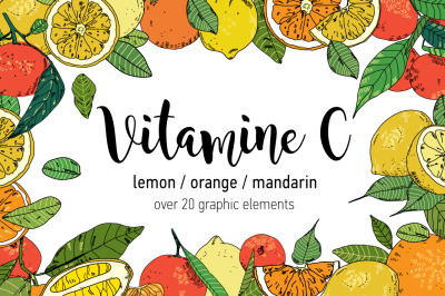 Vitamine C, lemon, orange, mandarine. Vector set.