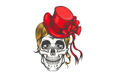 Human Skull in Red Fashion Hat. Vector illustration.