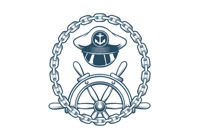 Nautical Emblem with Captain Hat and Navigation Wheel. Vector Illustra