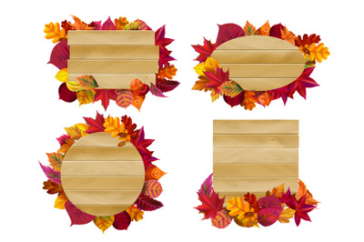 Wooden signs with autumn leaves. Yellow fall leaf, seasonal wood banne