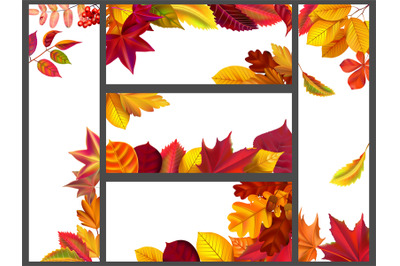 Realistic autumn leaves banners. Yellow garden leafage, flying leaf an