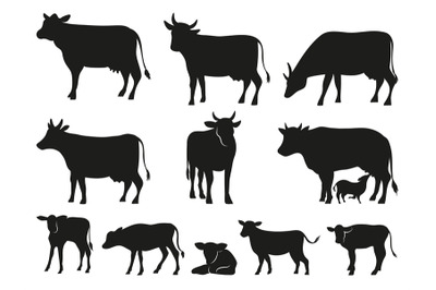 Cow silhouette. Black cows and calf mammal animals vector icons set