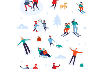 Winter holiday activities seamless pattern. Happy people walking outdo