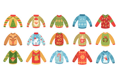 Cartoon christmas party jumpers. Xmas holidays ugly sweaters, knitted