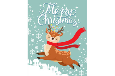 Greeting card with xmas deer. Merry christmas postcard, cute fawn and