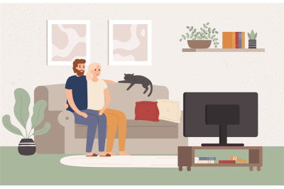 Young couple watch tv together. Happy man and woman sitting on couch a