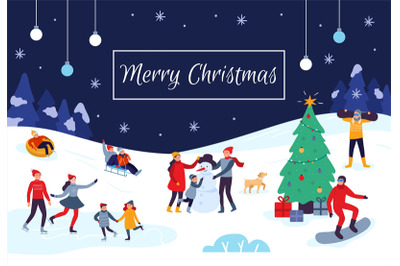 Winter people Merry Christmas card. Snow activities, happy kids make s