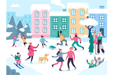 Winter city activities. Snow outdoors people walking, family holidays