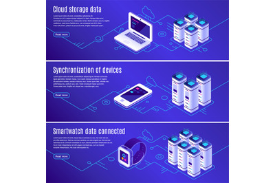 Isometric database. Computer, laptop and smartphone connected to cloud
